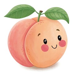 Cute Peach Fruit Cartoon Character with Happy Smiling Face and Green Leaves