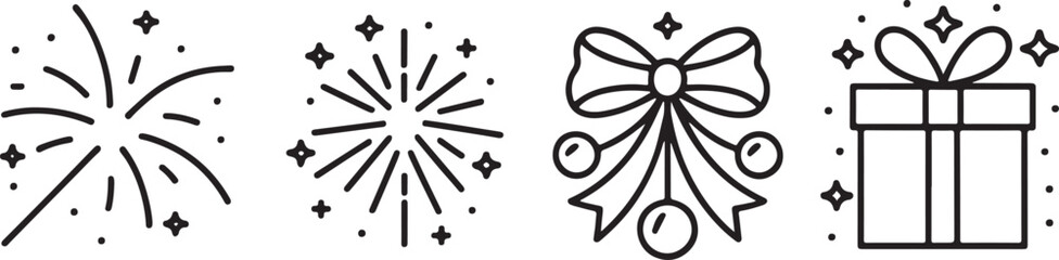 Festive Line Art Icons Sparkling Celebrations and Holiday Cheer Featuring Fireworks, Bows, and Presents Perfect for Seasonal Designs