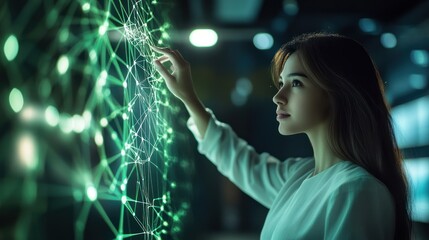 Woman interacting with holographic network