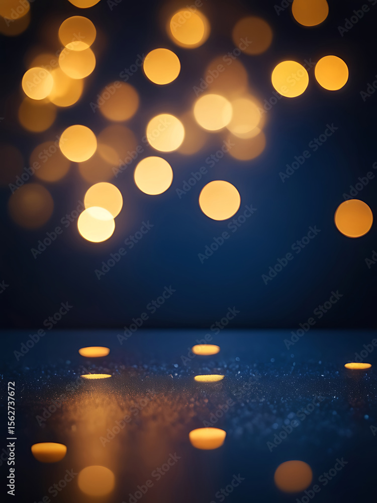 Poster golden bokeh lights glowing on a deep blue abstract background with smooth texture and modern design