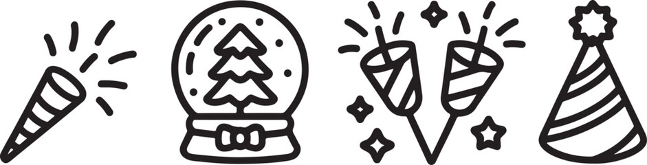 Festive Holiday Icons Celebrating Christmas and New Years Eve with Confetti Poppers, a Snow Globe, and Party Hats