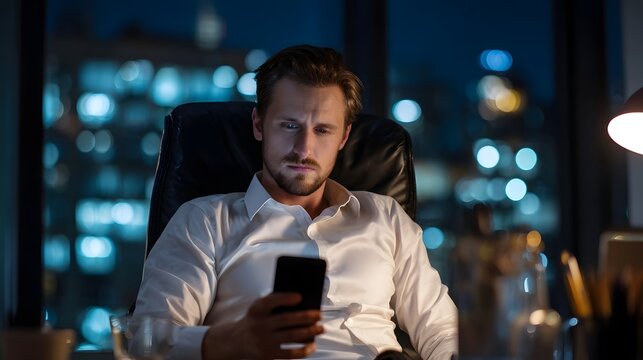 A serious looking businessman deeply focused on his work in a dimly lit city office surrounded by the lights of the urban skyline outside the window