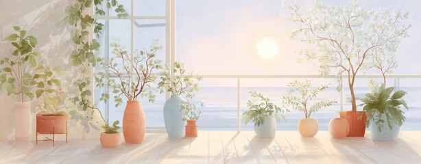 Serene Coastal Living Space with Lush Plants and Beautiful View