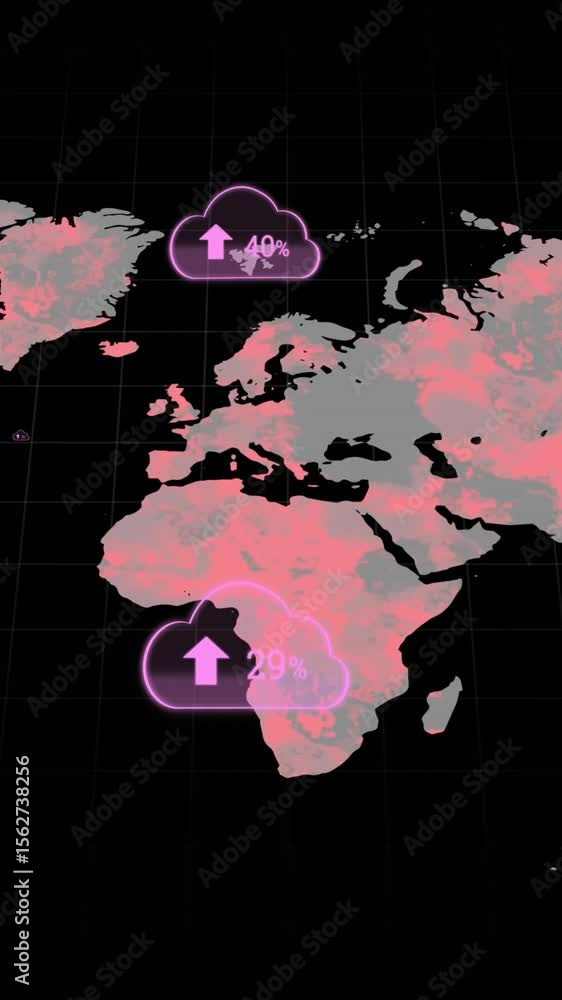 Poster multiple cloud icons with increasing percentage against world map on black background