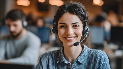 A friendly Caucasian woman working in a call center wearing a headset and providing customer service with a welcoming smile