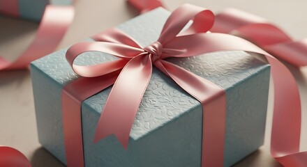 Elegant light blue gift box with embossed floral pattern and pink satin ribbon