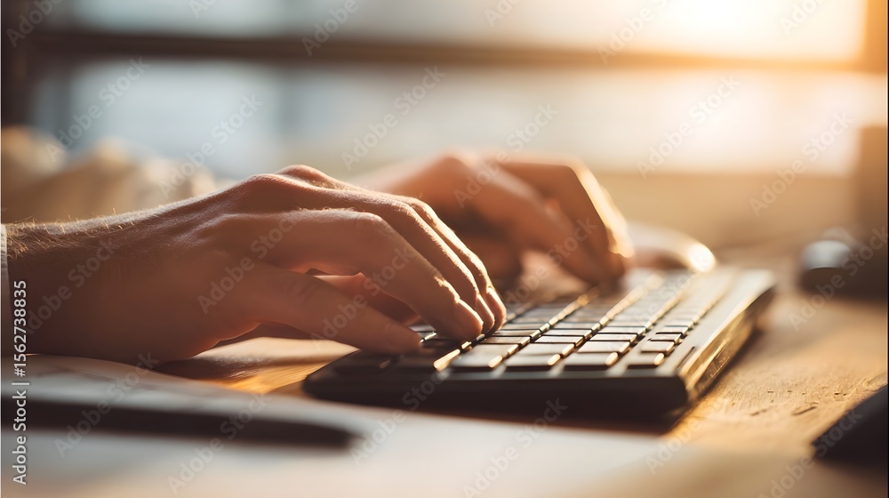Poster close up view of a person s hands typing on a laptop keyboard in a tidy well lit desk area reflectin