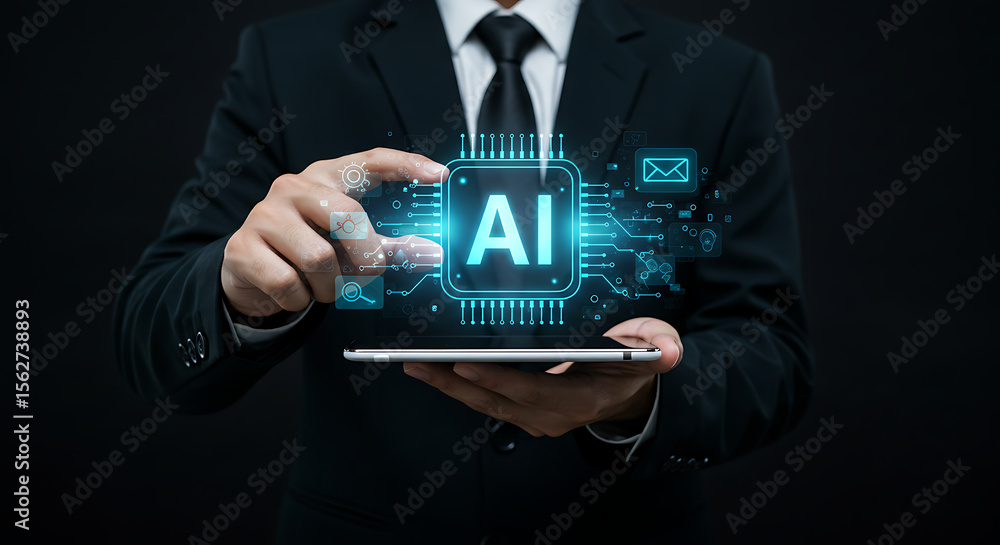 Poster businessman interacting with a glowing ai chip and digital interface on a tablet representing artifi