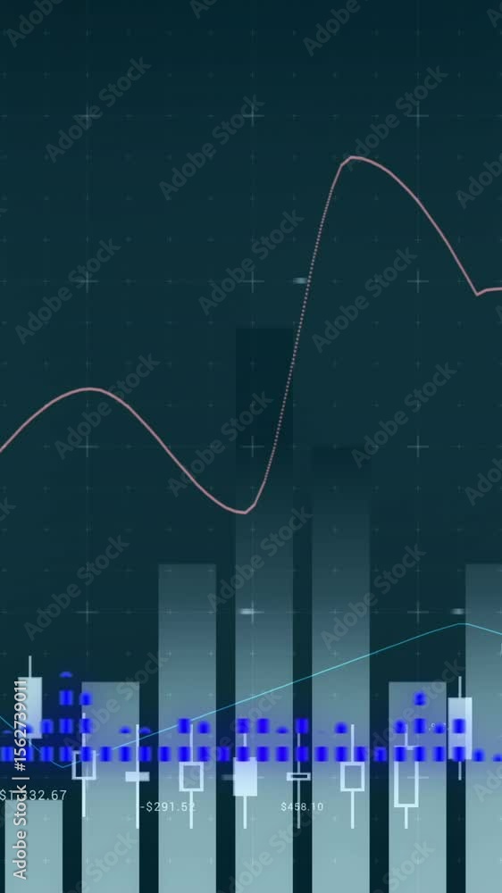 Poster digital animation of financial and statistical data processing against green background