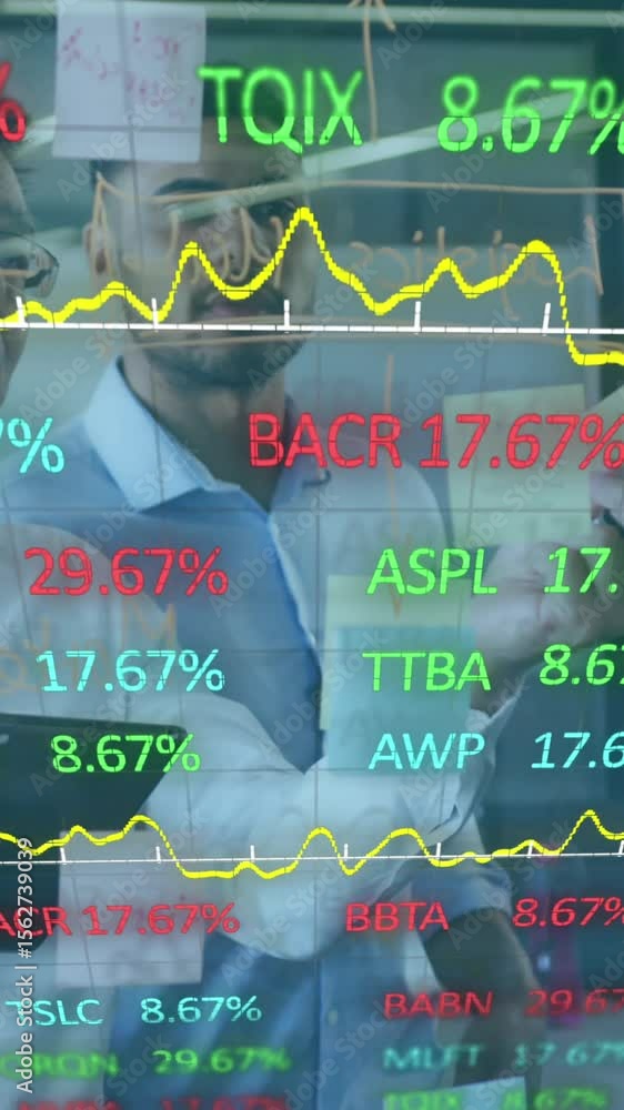 Poster animation of interface showing financial data with business colleagues working in office