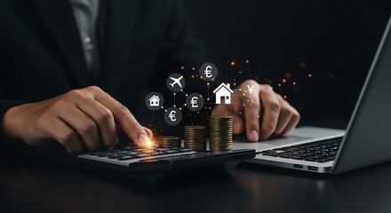A man uses a calculator and laptop, coins and financial icons on a dark background
