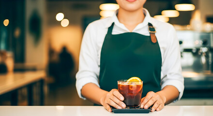 Barista presents refreshing iced coffee cocktail with orange slice at cafe counter, a delightful beverage experience.