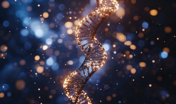 Golden DNA helix against a backdrop of bokeh