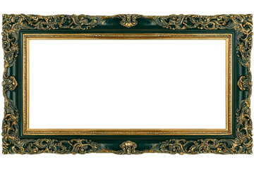 Ornate Rectangular Frame with Gold Trim and Green Accents, Vintage Style Empty Border for Paintings and Photos on Black isolated on transparent background