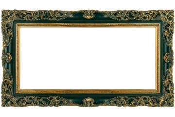 Ornate Rectangular Frame with Gold Trim and Green Accents, Vintage Style Empty Border for Paintings and Photos on Black isolated on transparent background