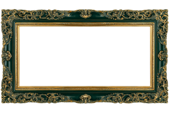 Ornate Rectangular Frame with Gold Trim and Green Accents, Vintage Style Empty Border for Paintings and Photos on Black isolated on transparent background