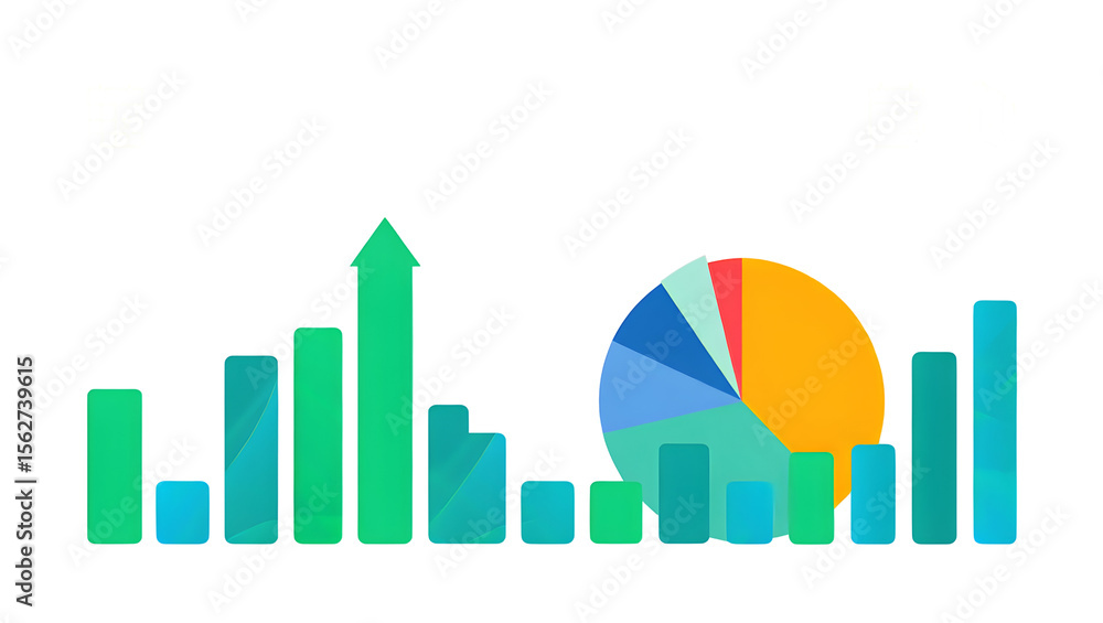Poster colorful bar and pie charts with calendar and paperclip icons isolated on a transparent background