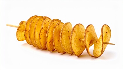Crispy and golden spiral potato on a stick a popular street food treat isolated