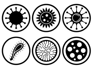 Collection of stylized black and white icons representing different types of viruses and bacteria