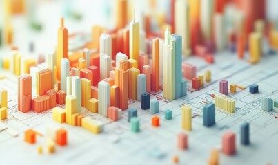 Colorful, 3D cityscape model. Abstract, blocky buildings in pastel hues, arranged on a gridded, light-toned background. Cityscape, miniature, architectural