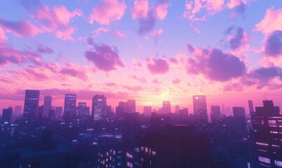 Pastel sunset over a city skyline. Soft pink and purple clouds blanket a cityscape at dusk, illuminated by a warm, hazy sunset. Urban buildings are silhouetted against the vibrant sky