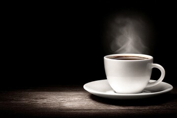 A steaming cup of coffee on a wooden surface