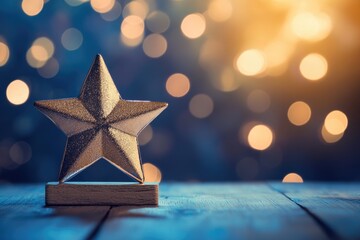 Silver star award on wooden table, bokeh lights