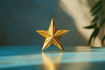 Golden star ornament on a teal surface, bathed in sunlight