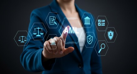 A businesswoman touches a digital aml screen showing compliance icons