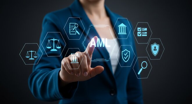 A businesswoman touches a digital aml screen showing compliance icons