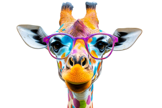 A brightly colored giraffe with purple glasses stands out against a transparent background, showcasing vibrant artistry and a playful, whimsical vibe.