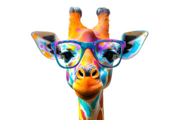 A colorful giraffe with quirky glasses pops against a black backdrop, presenting a vibrant and whimsical animal portrait sure to grab attention, transparent background
