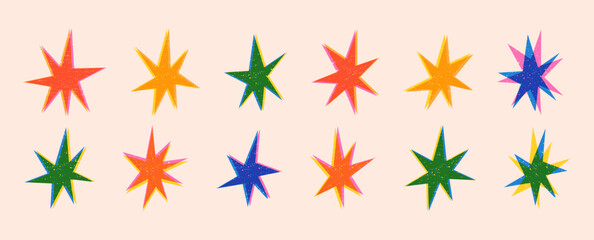Set of starburst isolated on background. Abstract grainy illustration stars shapes. Set in risograph print textured style. Starburst shapes with risograph printing effect