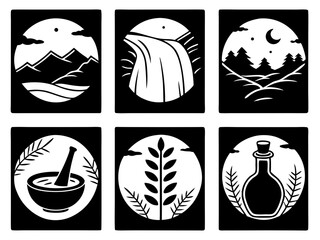 Collection of six circular nature and herbal medicine icons in a black and white stencil style