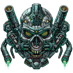 Cybernetic Skull with Dual Cannons and Glowing Eyes Detailed Illustration