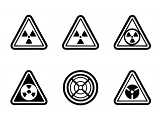 Collection of radiation warning symbols and hazard signs on white squares