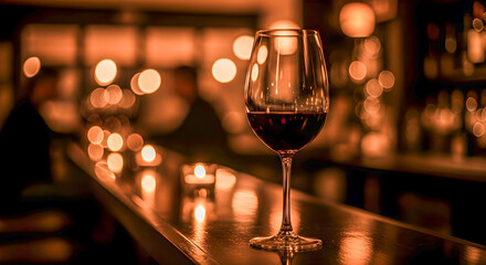Exquisite red wine in crystal glass on a bar with candles creating a warm and inviting atmosphere for tasting.