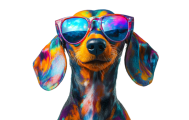 Playful dachshund puppy sporting vibrant sunglasses against a stark black backdrop, radiating colorful joy and embodying a fun-loving pet attitude, transparent background