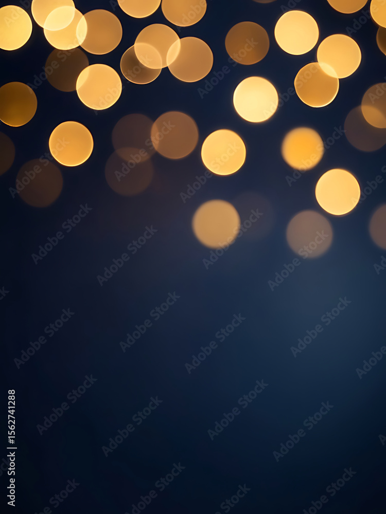 Poster golden bokeh lights glowing on a deep blue abstract background with smooth texture and modern design