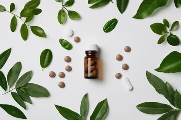 Natural remedies.  Small brown bottle of pills surrounded by leaves and pills on a white surface