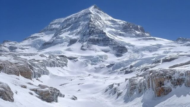 Stunning time lapse of a snow capped mountain peak under a clear blue sky