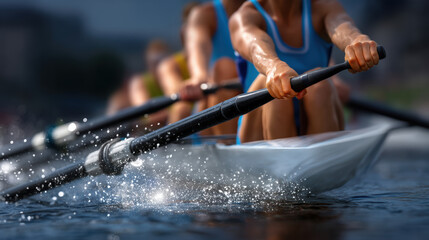 Rowers in action create splashes as they power through water, showcasing teamwork and strength