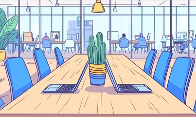 Modern office interior, open-plan layout, meeting table