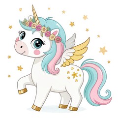 Cute Unicorn with Pastel Mane, Golden Wings, Flower Crown on a White Background