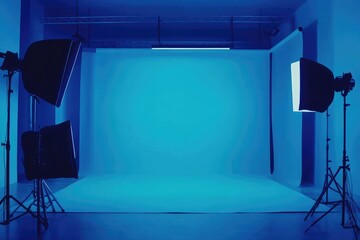 Empty studio, blue backdrop, lighting equipment