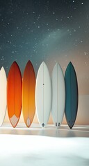 Colorful surfboards against a starry night sky