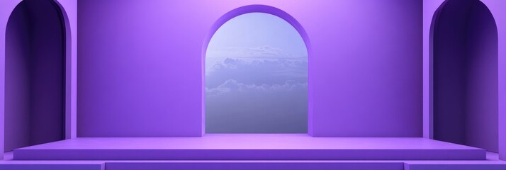 Purple archway display.  Empty purple room with arched doorways, a central archway opening to a soft sky view.  A platform sits at the bottom