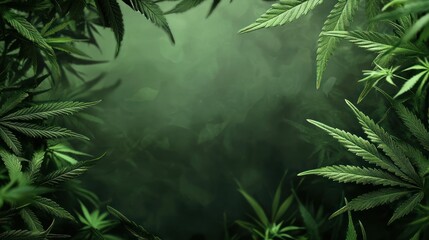 A dense forest of cannabis plants with green and brown leaves, surrounded by a dark green background with a subtle mist or fog effect.