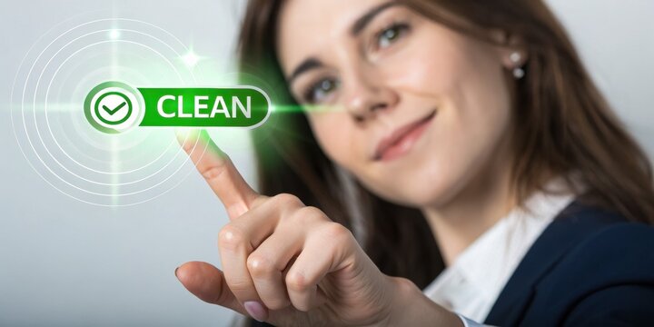 A woman in business attire presses a virtual button labeled "CLEAN," symbolizing cleanliness, approval, or eco-friendly choices with a digital interface. - Powered by Adobe