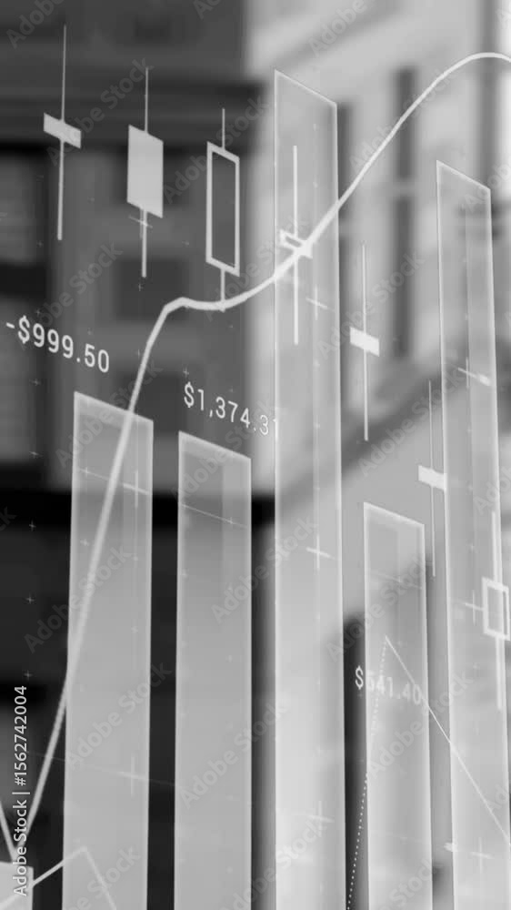 Poster financial and statistical data processing against tall buildings in background
